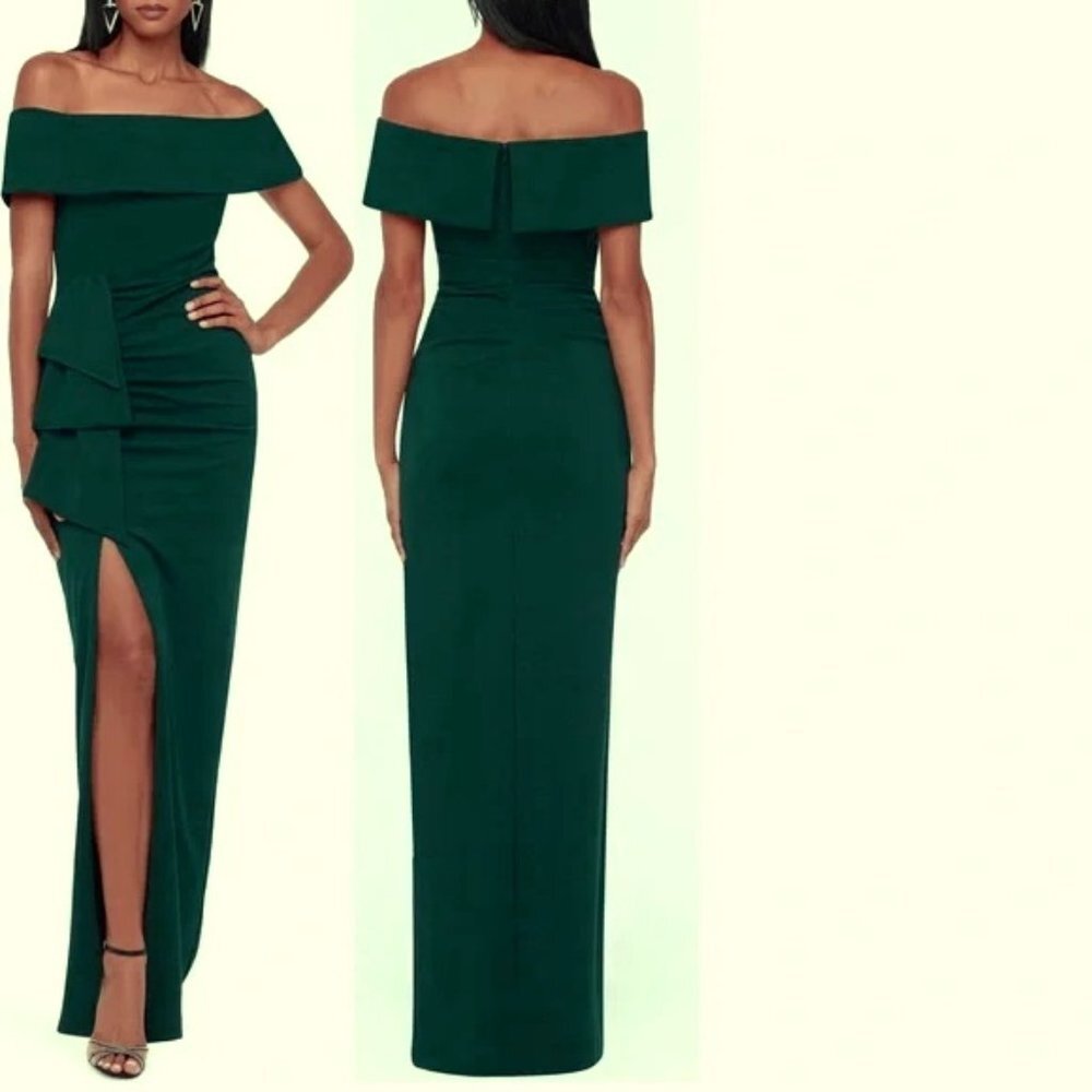 Xscape Pine Green Camila Off The Shoulder Crepe Evening Gown